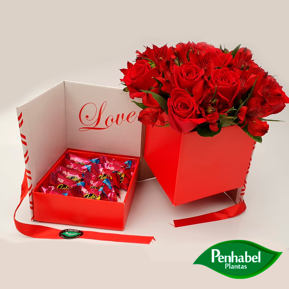 Arranjo de Flores e Chocolate Caixa Box Love - Penhabel Plantas